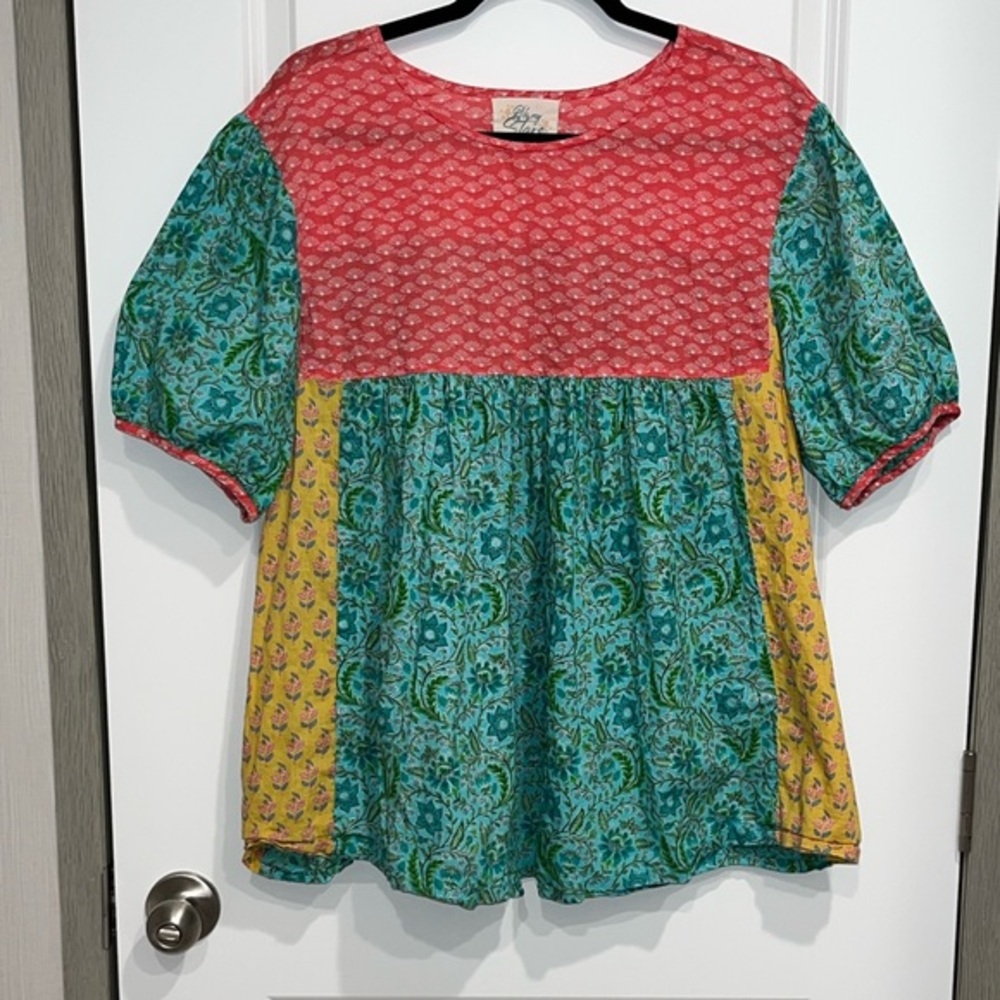 Oh My Stars Shabby Chic Hippie Core Mixed Print Top Puff Sleeve Women’s XL